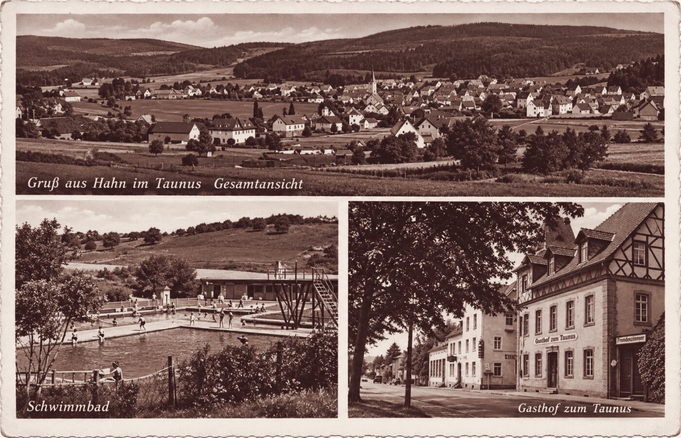 Alte Postkarte „Gruß aus Hahn im Taunus“ mit Ortsansicht, Schwimmbad und Gasthof zum Taunus