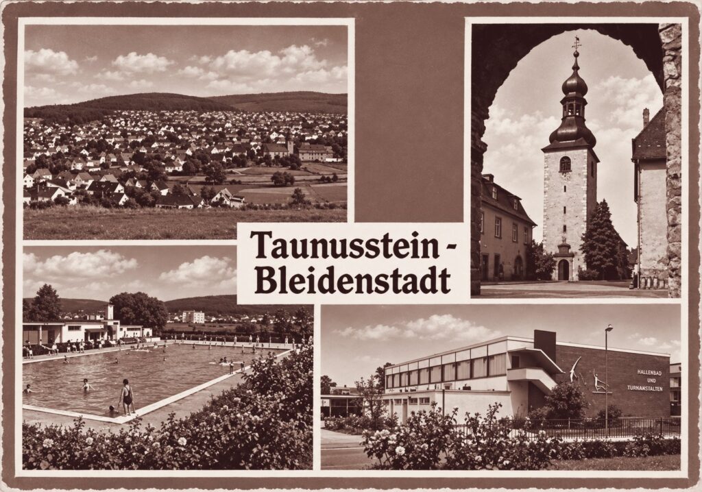 Alte Postkarte Taunusstein-Bleidenstadt mit Ortsansicht, Kirche, Freibad und Hallenbad